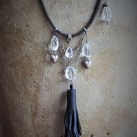 I will Always Lean my Heart Necklace w/Faceted Rock Crystal Stones & Drops, 3 Antique Puffy Hearts, Artisan Leather Tassel and Chains