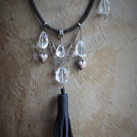 I will Always Lean my Heart Necklace w/Faceted Rock Crystal Stones & Drops, 3 Antique Puffy Hearts, Artisan Leather Tassel and Chains