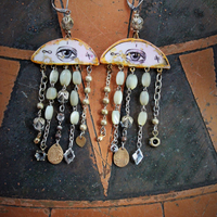 All Seeing Eye Asymmetrical Earrings w/Antique French Mother of Pearl Rosary Bead Fragments, Antique Art Deco Rock Crystal Drops, Bronze Tear Drops & More!