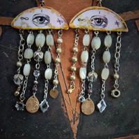 All Seeing Eye Asymmetrical Earrings w/Antique French Mother of Pearl Rosary Bead Fragments, Antique Art Deco Rock Crystal Drops, Bronze Tear Drops & More!