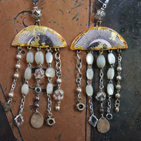 All Seeing Eye Asymmetrical Earrings w/Antique French Mother of Pearl Rosary Bead Fragments, Antique Art Deco Rock Crystal Drops, Bronze Tear Drops & More!