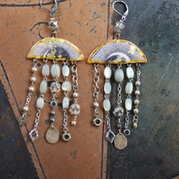 All Seeing Eye Asymmetrical Earrings w/Antique French Mother of Pearl Rosary Bead Fragments, Antique Art Deco Rock Crystal Drops, Bronze Tear Drops & More!
