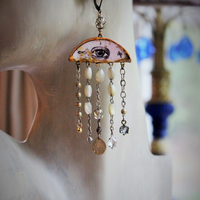 All Seeing Eye Asymmetrical Earrings w/Antique French Mother of Pearl Rosary Bead Fragments, Antique Art Deco Rock Crystal Drops, Bronze Tear Drops & More!