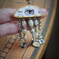 All Seeing Eye Asymmetrical Earrings w/Antique French Mother of Pearl Rosary Bead Fragments, Antique Art Deco Rock Crystal Drops, Bronze Tear Drops & More!