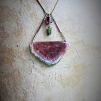 Large Rare Faceted Watermelon Tourmaline Slice Necklace w/Faceted Green & Pink Barrel Tourmaline Drops