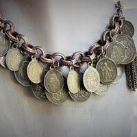 Solid Bronze Gold Antique French Medal Bracelet & Earring Set w/Multiple Antique French Medals, Vintage Chain Tassels & Bronze Earring Wires