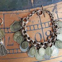 Solid Bronze Gold Antique French Medal Bracelet & Earring Set w/Multiple Antique French Medals, Vintage Chain Tassels & Bronze Earring Wires