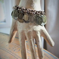 Solid Bronze Gold Antique French Medal Bracelet & Earring Set w/Multiple Antique French Medals, Vintage Chain Tassels & Bronze Earring Wires