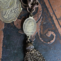 Solid Bronze Gold Antique French Medal Bracelet & Earring Set w/Multiple Antique French Medals, Vintage Chain Tassels & Bronze Earring Wires