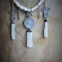 Your Strength Again Moon Goddess Necklace with Hand Cut Selenite Beads, 3 Goddess Medals,Antique Sterling Filigree Drops,3 Capped Selenite Spears