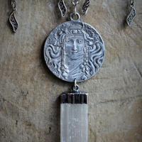 Your Strength Again Moon Goddess Necklace with Hand Cut Selenite Beads, 3 Goddess Medals,Antique Sterling Filigree Drops,3 Capped Selenite Spears