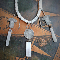 Your Strength Again Moon Goddess Necklace with Hand Cut Selenite Beads, 3 Goddess Medals,Antique Sterling Filigree Drops,3 Capped Selenite Spears