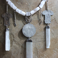 Your Strength Again Moon Goddess Necklace with Hand Cut Selenite Beads, 3 Goddess Medals,Antique Sterling Filigree Drops,3 Capped Selenite Spears