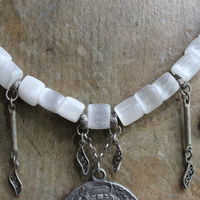 Your Strength Again Moon Goddess Necklace with Hand Cut Selenite Beads, 3 Goddess Medals,Antique Sterling Filigree Drops,3 Capped Selenite Spears