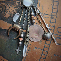 The Druidess Necklace with 1916 Druidess Badge, Antique Link Chain, Sterling Quartz Point & Crescent Moon Sceptor, Antique Moon Glow Cabochon & Much More!