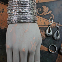 SOLD to D Exceptional Antique Art Deco Jewelry Set of 12 Solid Sterling Bangles Bracelets, Engraved Cuff & Earrings