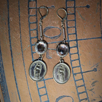 Antique Bezel and Prong Set Bronze Faceted Rock Crystals & French Engraved Nun's Medals Earrings - Free with Purchase of Necklace Set - See Details!