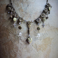 Antique Etruscan Findings & 7 Opening Lockets Necklace with Antique Faceted Rock Crystal Drops, Antique Faceted & Prong Set Rhinestone Crosses and More!