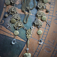 Antique Etruscan Findings & 7 Opening Lockets Necklace with Antique Faceted Rock Crystal Drops, Antique Faceted & Prong Set Rhinestone Crosses and More!