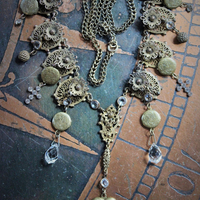 Antique Etruscan Findings & 7 Opening Lockets Necklace with Antique Faceted Rock Crystal Drops, Antique Faceted & Prong Set Rhinestone Crosses and More!