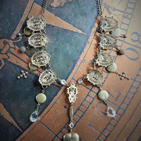 Antique Etruscan Findings & 7 Opening Lockets Necklace with Antique Faceted Rock Crystal Drops, Antique Faceted & Prong Set Rhinestone Crosses and More!