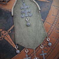 Antique Whiting & Davis Mesh Smart Phone/Essentials Hip Bag with French Crosses, Puffy Heart Drops,AntiqueTassel,Prong Set Faceted Crystals Connectors & Unique Antique Chain