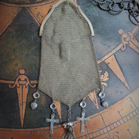 Antique Whiting & Davis Mesh Smart Phone/Essentials Hip Bag with French Crosses, Puffy Heart Drops,AntiqueTassel,Prong Set Faceted Crystals Connectors & Unique Antique Chain