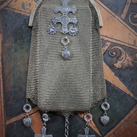 Antique Whiting & Davis Mesh Smart Phone/Essentials Hip Bag with French Crosses, Puffy Heart Drops,AntiqueTassel,Prong Set Faceted Crystals Connectors & Unique Antique Chain