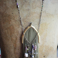 The Bohemian Life Necklace with Antique Whiting & Davis Mesh Pouch, Multiple Dangles & Findings, Antique Fiancee Compact, Faceted Sterling Wire Wrapped Chain Fragments