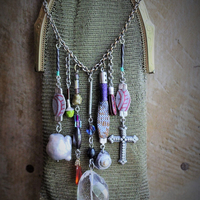 The Bohemian Life Necklace with Antique Whiting & Davis Mesh Pouch, Multiple Dangles & Findings, Antique Fiancee Compact, Faceted Sterling Wire Wrapped Chain Fragments