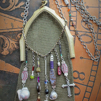 The Bohemian Life Necklace with Antique Whiting & Davis Mesh Pouch, Multiple Dangles & Findings, Antique Fiancee Compact, Faceted Sterling Wire Wrapped Chain Fragments