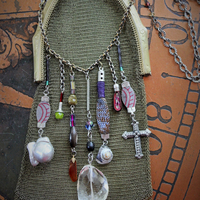 The Bohemian Life Necklace with Antique Whiting & Davis Mesh Pouch, Multiple Dangles & Findings, Antique Fiancee Compact, Faceted Sterling Wire Wrapped Chain Fragments