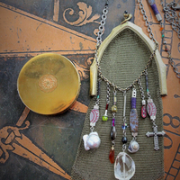 The Bohemian Life Necklace with Antique Whiting & Davis Mesh Pouch, Multiple Dangles & Findings, Antique Fiancee Compact, Faceted Sterling Wire Wrapped Chain Fragments
