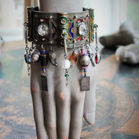 Antique Kuchi Gypsy Cuff Bracelet with 4 Sterling Tarot Medals, Antique Art Glass Bead &  Findings, Multiple Drops & Dangles