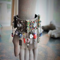 Antique Kuchi Gypsy Cuff Bracelet with 4 Sterling Tarot Medals, Antique Art Glass Bead &  Findings, Multiple Drops & Dangles