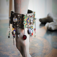 Antique Kuchi Gypsy Cuff Bracelet with 4 Sterling Tarot Medals, Antique Art Glass Bead &  Findings, Multiple Drops & Dangles