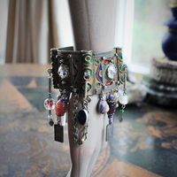 Antique Kuchi Gypsy Cuff Bracelet with 4 Sterling Tarot Medals, Antique Art Glass Bead &  Findings, Multiple Drops & Dangles