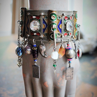 Antique Kuchi Gypsy Cuff Bracelet with 4 Sterling Tarot Medals, Antique Art Glass Bead &  Findings, Multiple Drops & Dangles