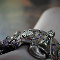 Antique Kuchi Gypsy Cuff Bracelet with 4 Sterling Tarot Medals, Antique Art Glass Bead &  Findings, Multiple Drops & Dangles