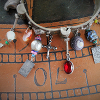 Antique Kuchi Gypsy Cuff Bracelet with 4 Sterling Tarot Medals, Antique Art Glass Bead &  Findings, Multiple Drops & Dangles