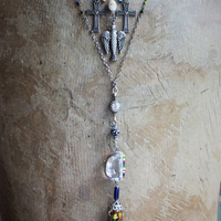 In Your Light Necklace with Faceted Rock Crystal Pendant,Antique Glass Bead Findings & Tassel,Antique Kuchi Faceted Crystal Connector,Sterling Link Chain