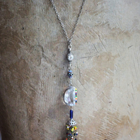 In Your Light Necklace with Faceted Rock Crystal Pendant,Antique Glass Bead Findings & Tassel,Antique Kuchi Faceted Crystal Connector,Sterling Link Chain