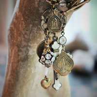 Antique Book Chain Wrap Bracelet with Antique French Medals,Antique French Rosary Crucifix,Antique Crystals & Vintage Puffy Heart