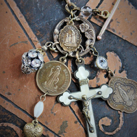 Antique Book Chain Wrap Bracelet with Antique French Medals,Antique French Rosary Crucifix,Antique Crystals & Vintage Puffy Heart