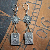 Rare Antique Sterling Scapular Medal Earrings w/Antique Sacred Heart Medals, Sterling Leverback Earring Wires