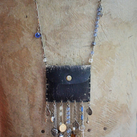 Rustic Antique Leather Pouch Necklace with Antique Passion of Christ Scapular Pocket,Antique & Vintage Medals, Crosses, Dangles, Crystals & Chains