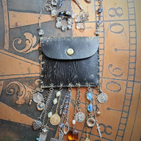 Rustic Antique Leather Pouch Necklace with Antique Passion of Christ Scapular Pocket,Antique & Vintage Medals, Crosses, Dangles, Crystals & Chains