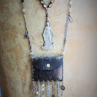 Rustic Antique Leather Pouch Necklace with Antique Passion of Christ Scapular Pocket,Antique & Vintage Medals, Crosses, Dangles, Crystals & Chains