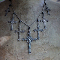 NEW! To Pray Necklace with 7 French Crosses, Antique Rosary Bead Fragments, Silver Chain