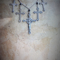 NEW! To Pray Necklace with 7 French Crosses, Antique Rosary Bead Fragments, Silver Chain